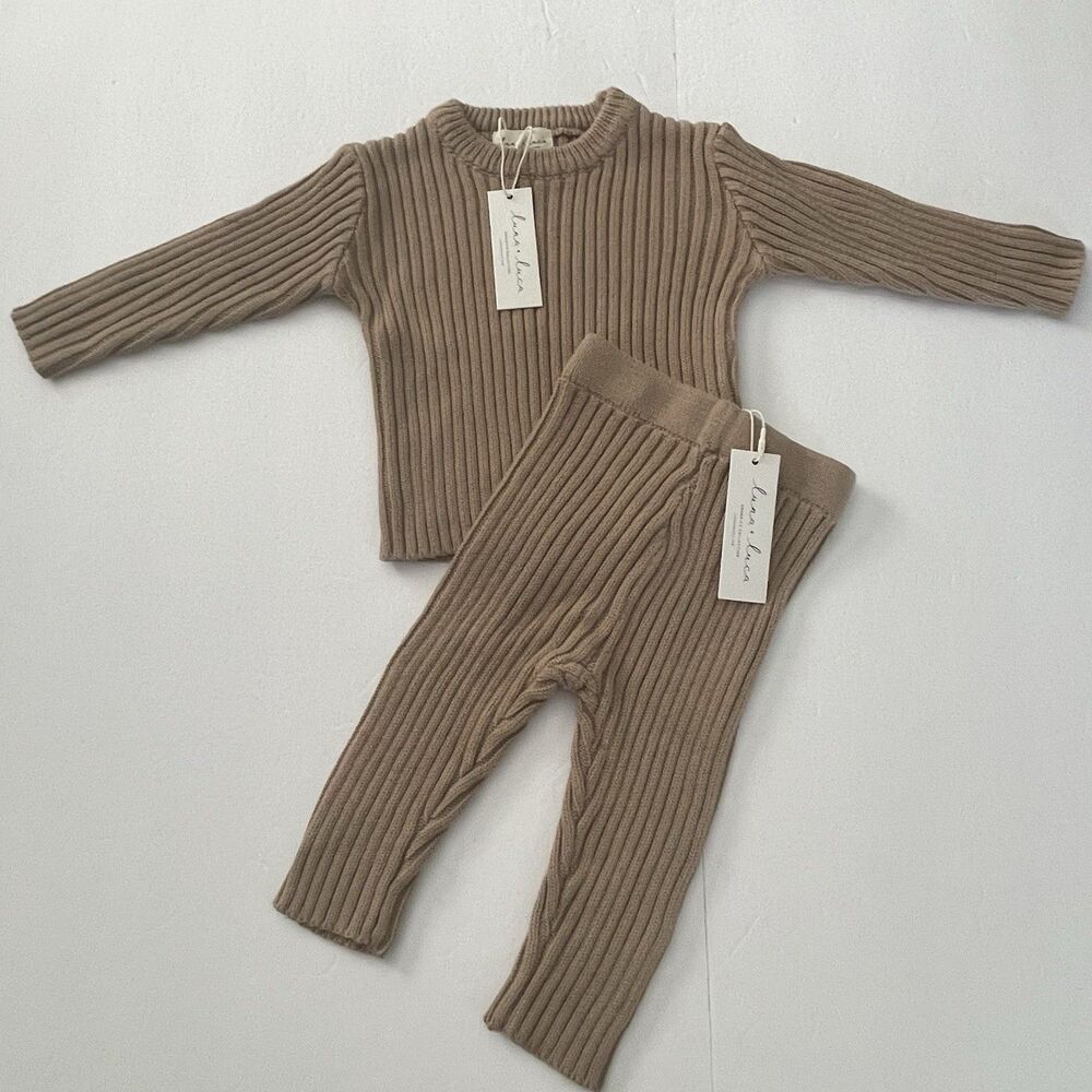 NEW Luna + Luca Organic Cotton 2 Piece Chunky Knit 3-6 mo. Set Long Sleeve Brown
